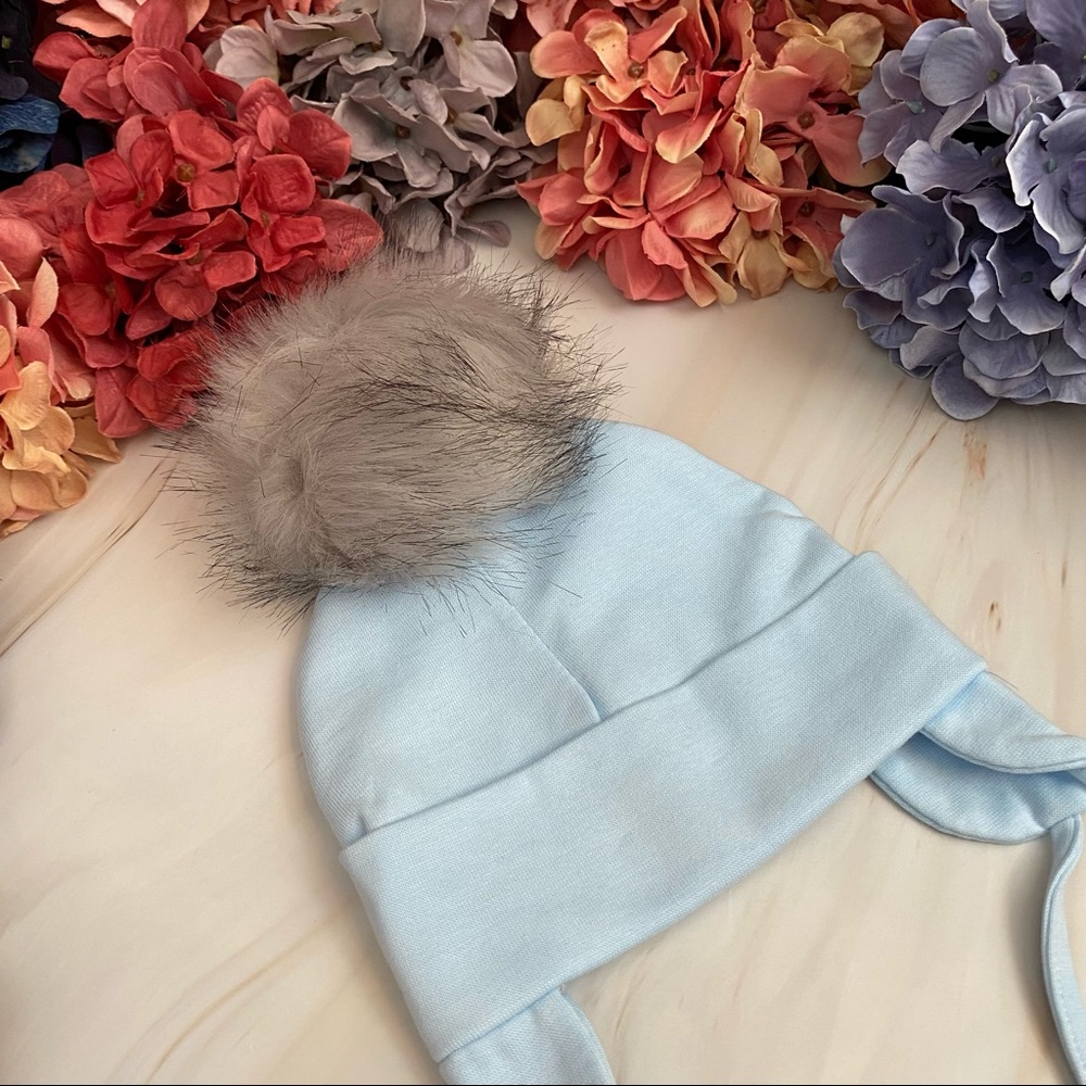 Blue Baby Beanie Hat with Gray Pom Pom and Earflaps - Picture 8 of 15